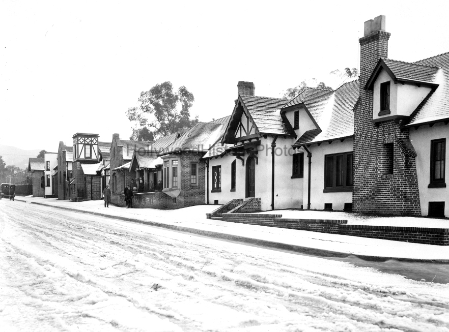 Charlie Chaplin Studio 1916 at 1416 La Brea Ave. Hollywood after a snowfall WM.jpg